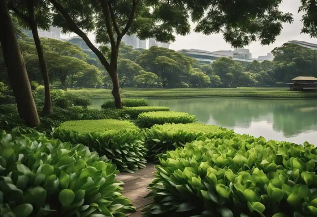 Lush water hyacinth plants along a serene lakeside in Singapore.