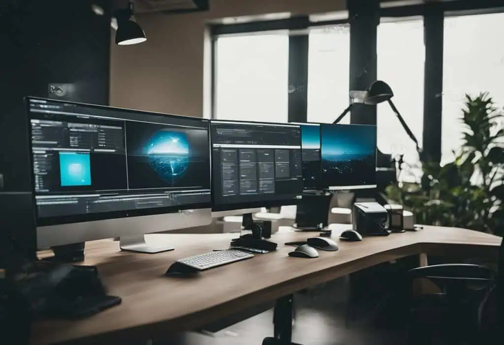 Office workspace with multiple monitors displaying web design projects and digital graphics.
