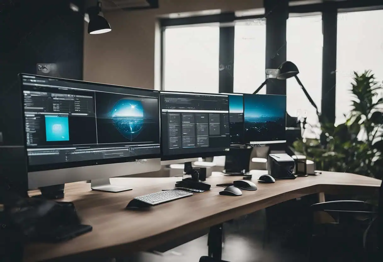 Office workspace with multiple monitors displaying web design projects and digital graphics.
