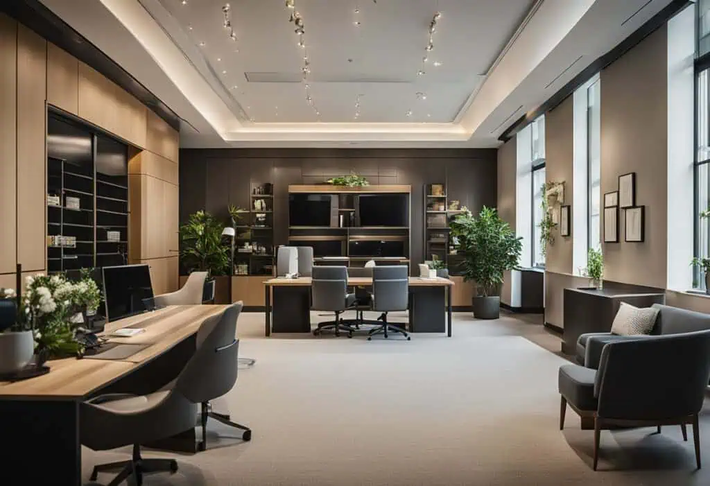 Modern wedding planner office with sleek furniture, large windows, and organized workstations for cl.