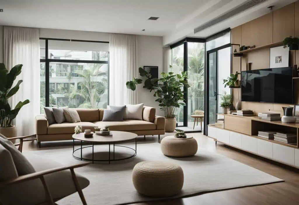 Elegant living room featuring contemporary furniture, large windows, and lush indoor plants for a co.