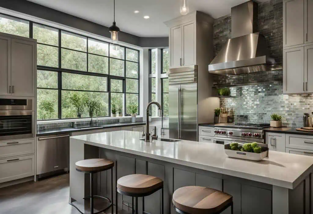 Bright and spacious kitchen featuring sleek gray cabinetry, a large island, and ample natural light.