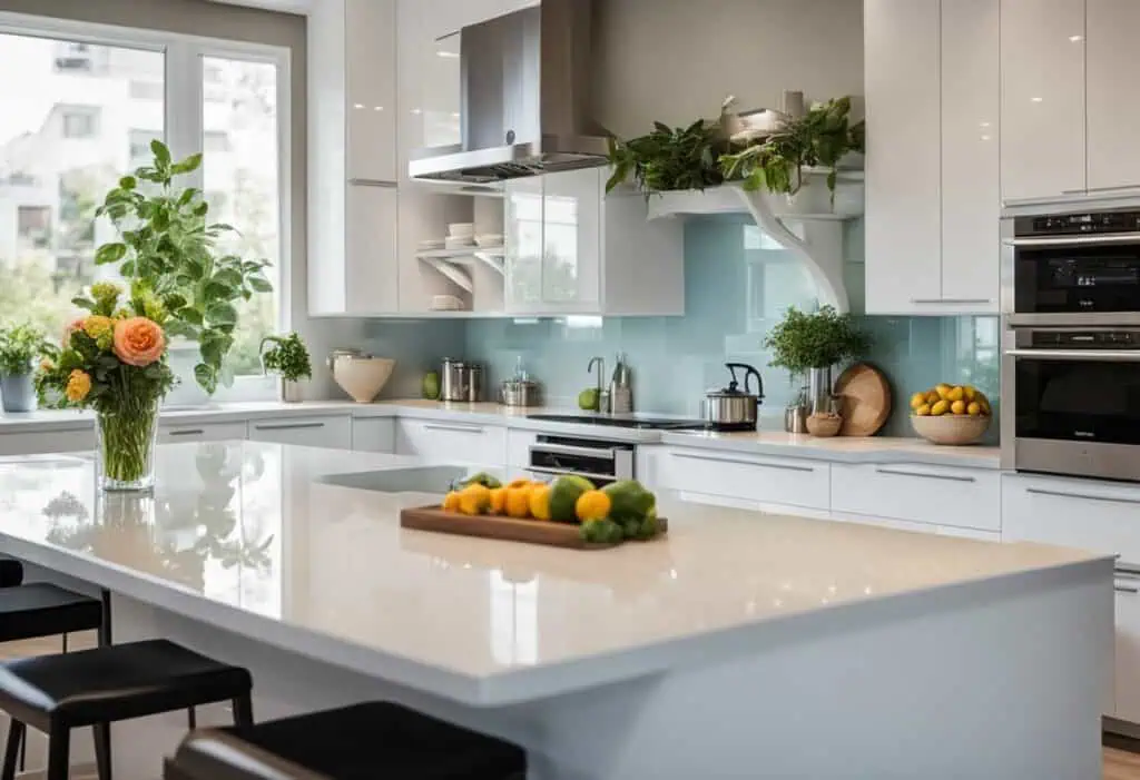 Bright and sleek kitchen with white cabinetry, lush plants, and ample natural light for a functional.