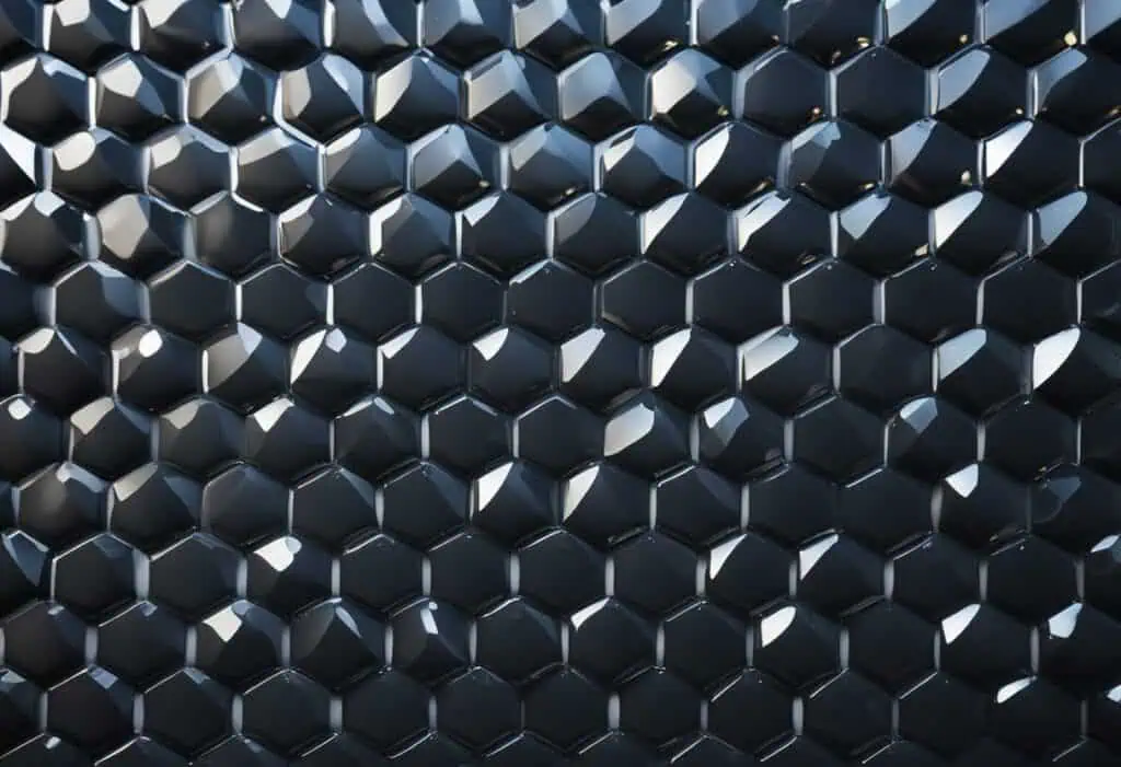 Close-up of sleek black hexagonal kitchen tiles for stylish cooking spaces.