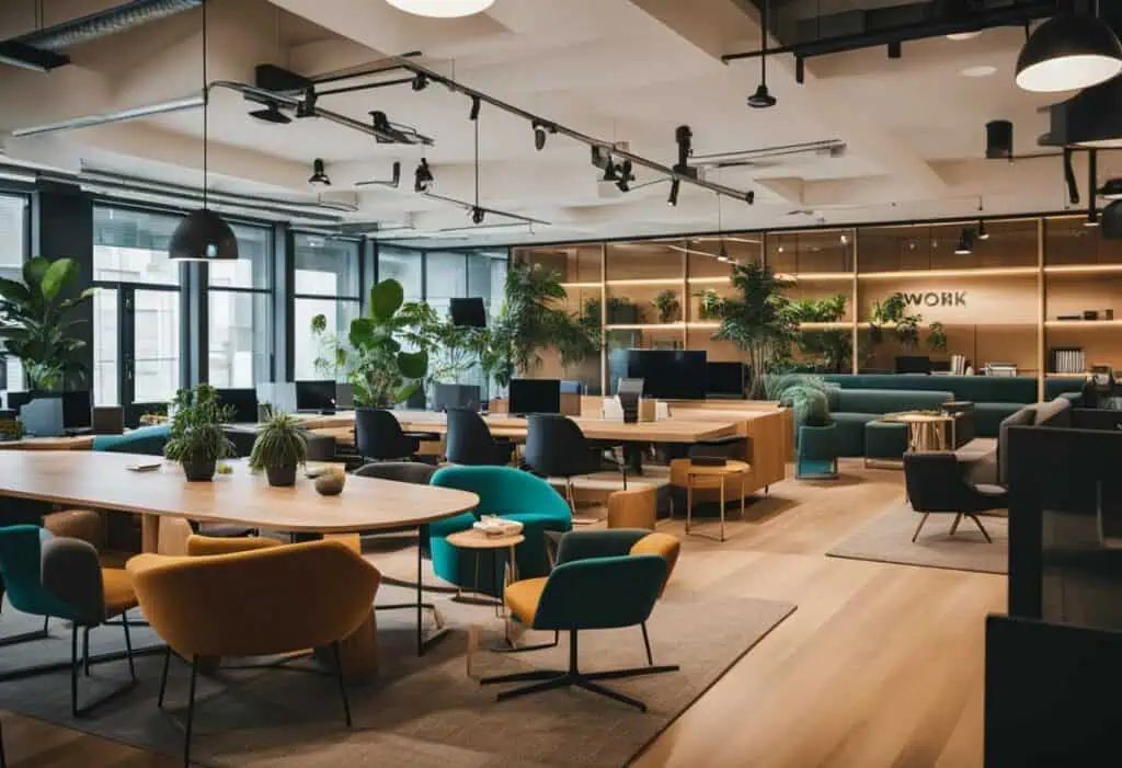 Bright, stylish workspace with contemporary furniture and lush greenery for inspiring work environme.