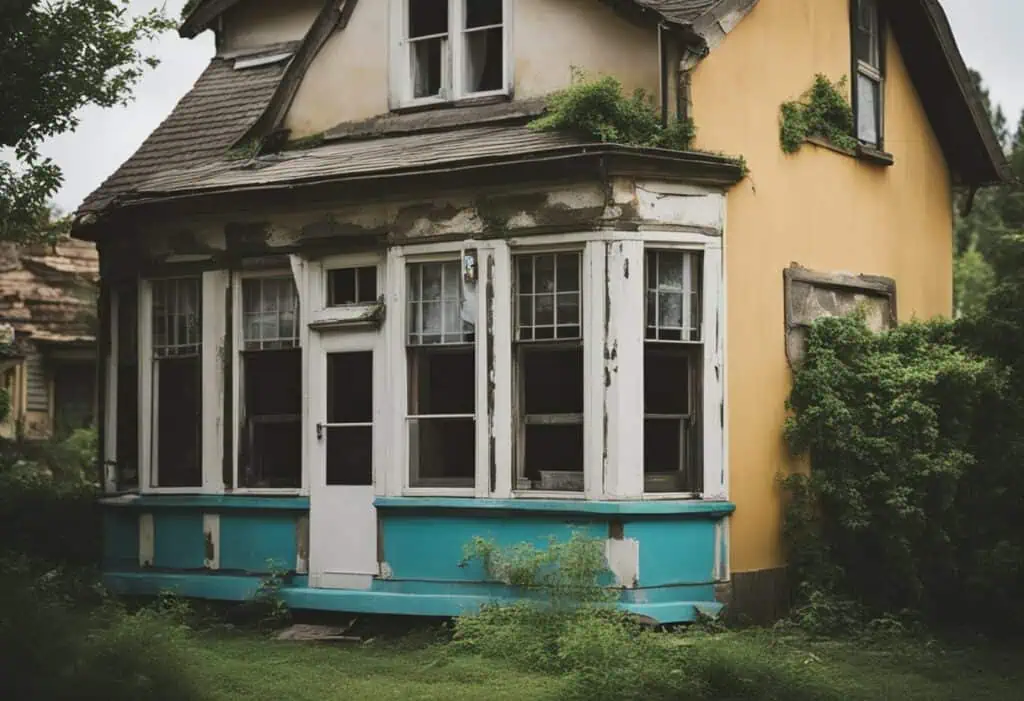 Old house with weathered exterior and overgrown greenery, highlighting renovation potential.