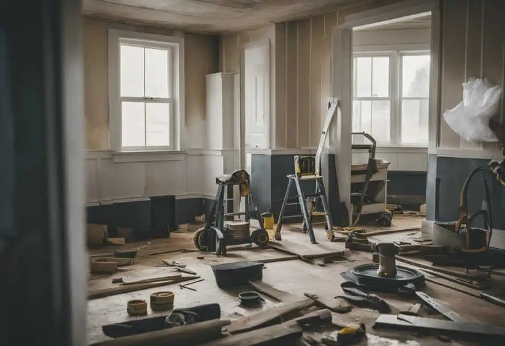 Interior room under renovation with tools and equipment, preparing for home improvement.