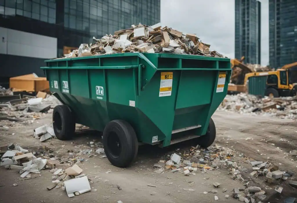 Large green dumpster filled with renovation debris at construction site.