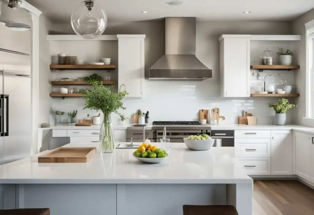 Bright white kitchen with modern cabinetry and open shelving for a timeless look.