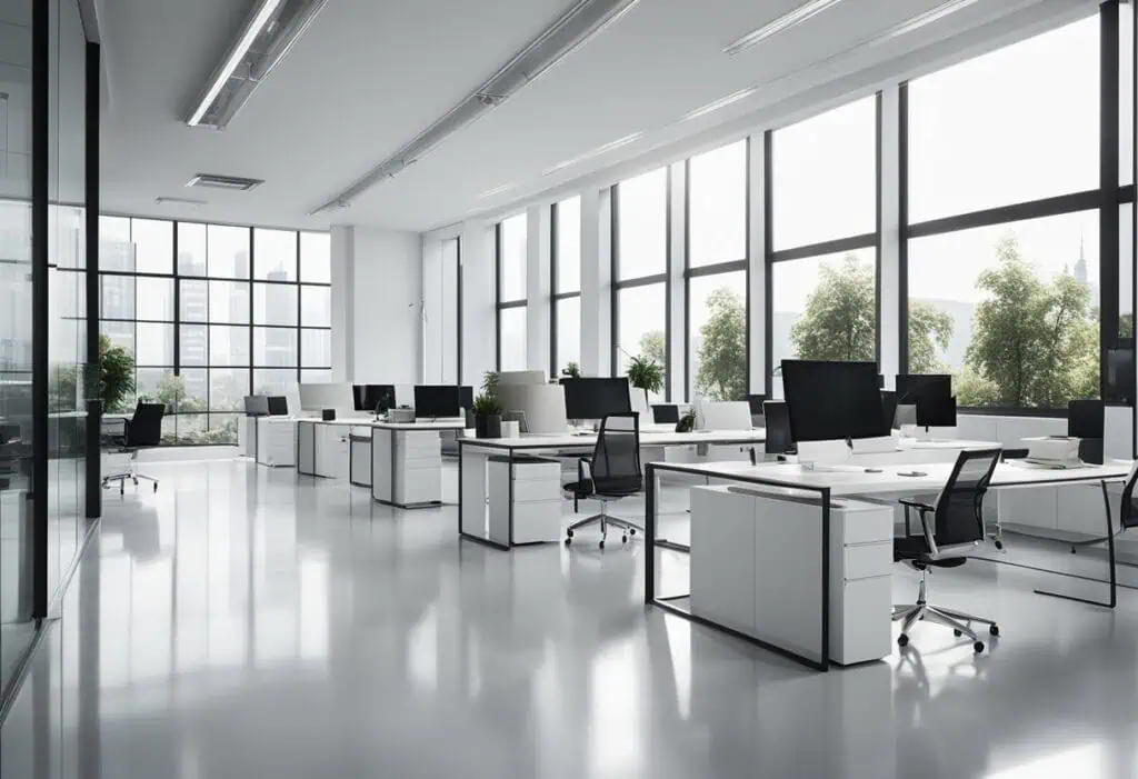 Bright modern office with white desks and large windows, creating a spacious work environment.