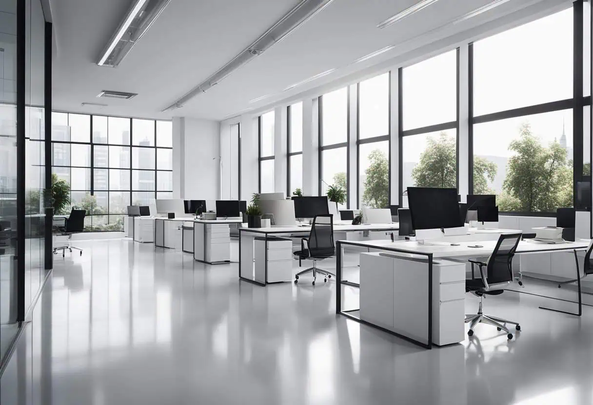 Bright modern office with white desks and large windows, creating a spacious work environment.