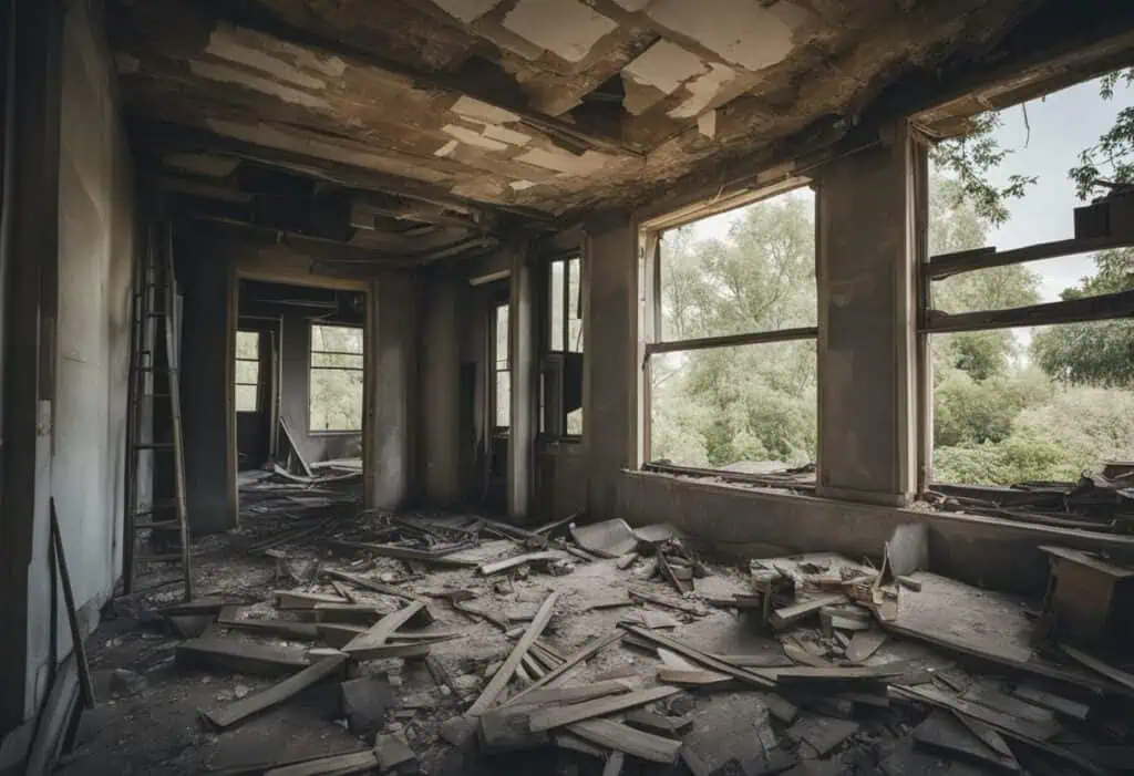 Abandoned house interior with damaged walls and ceiling, debris on the floor, and large windows show.