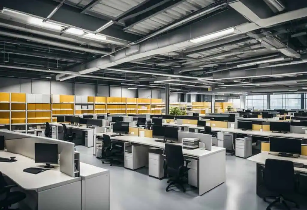 Office workspace with rows of desks, black chairs, and yellow storage shelves in a contemporary sett.