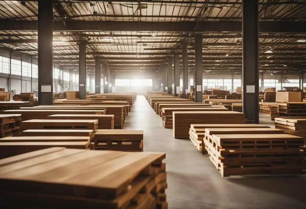 Wholesale teak furniture storage warehouse in Singapore with stacks of wood ready for delivery.