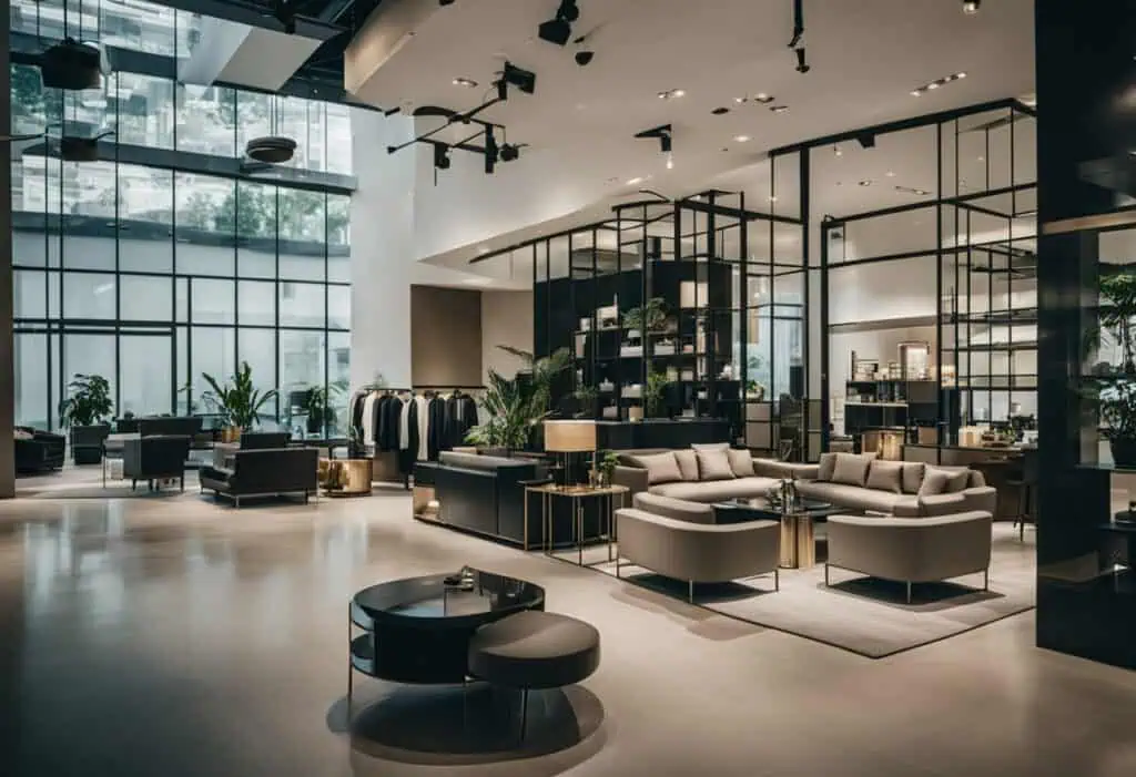Luxurious furniture display featuring contemporary sofas and decor in a spacious showroom.