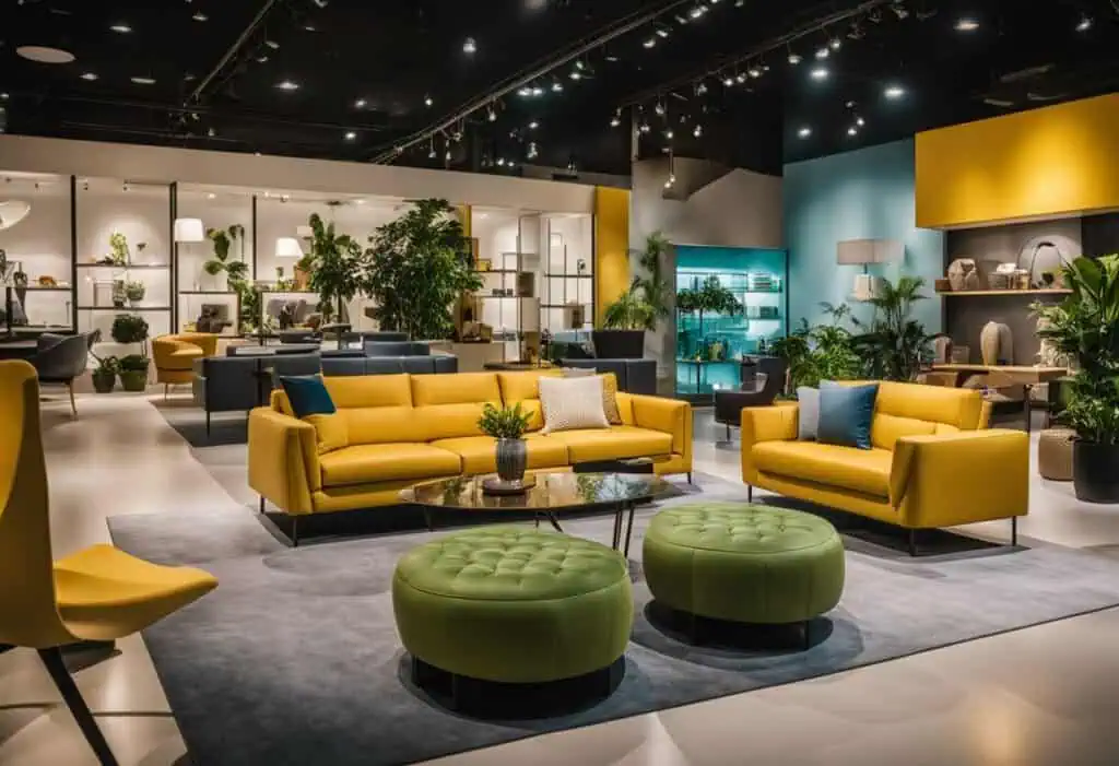 Bright yellow sofa set with matching ottomans in a contemporary furniture showroom.
