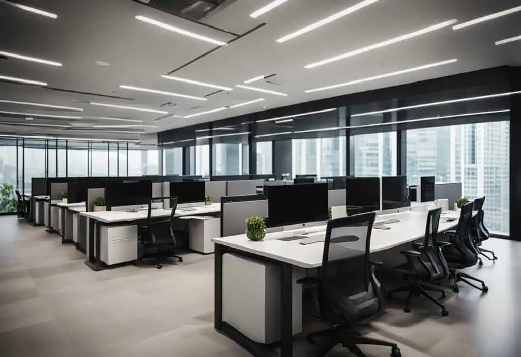 Ergonomic office desks and chairs in a bright, modern workspace with panoramic city views.