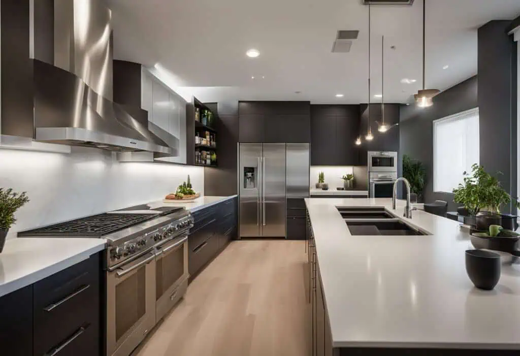 Modern windowless kitchen with sleek cabinetry and ample counter space for efficient cooking.