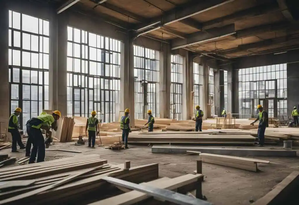 Renovation workers examining wood materials in a large, well-lit construction site.