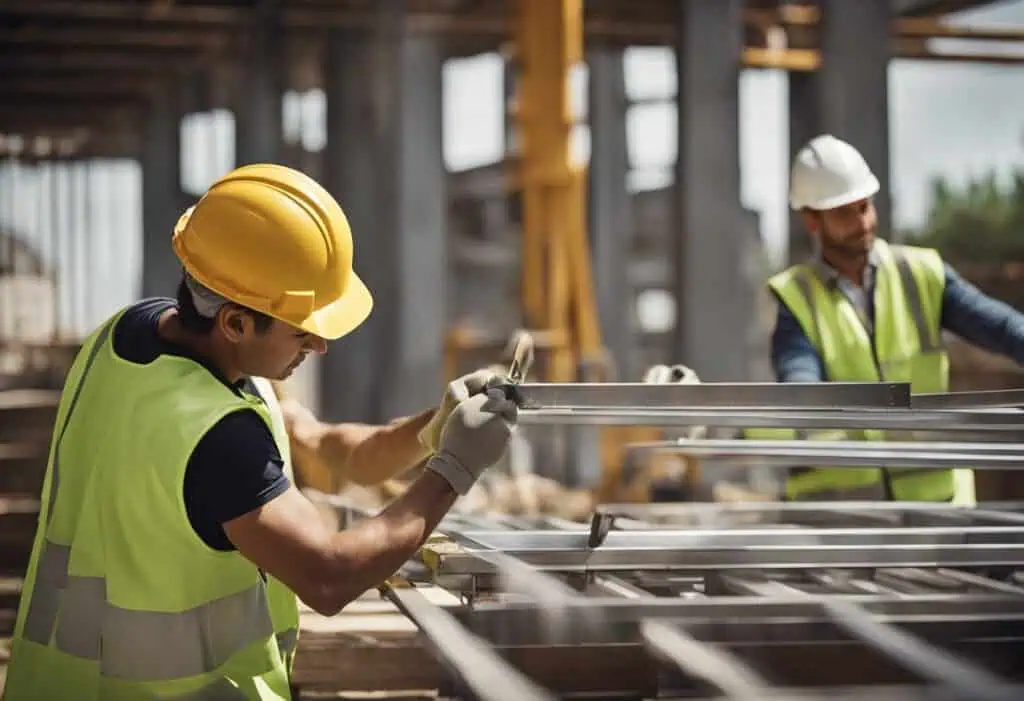 Aluminium renovation workers installing frames at a construction site.