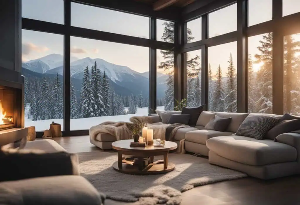 Bright living room with large windows showcasing snowy mountains and pine trees. Perfect for winter.