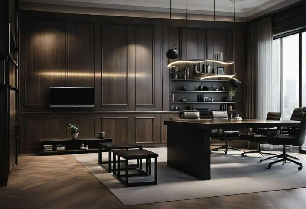 wood and black interior design