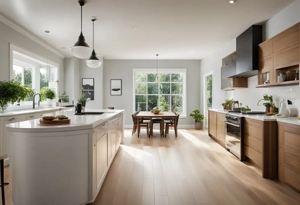 Bright wood and white kitchen with sleek cabinetry and large windows.