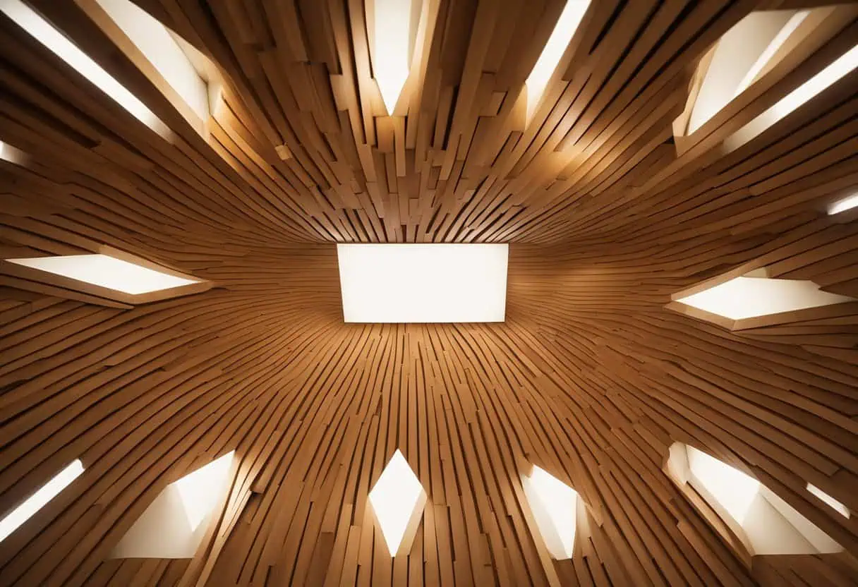 Modern wooden ceiling with geometric cutouts for stylish office decor.