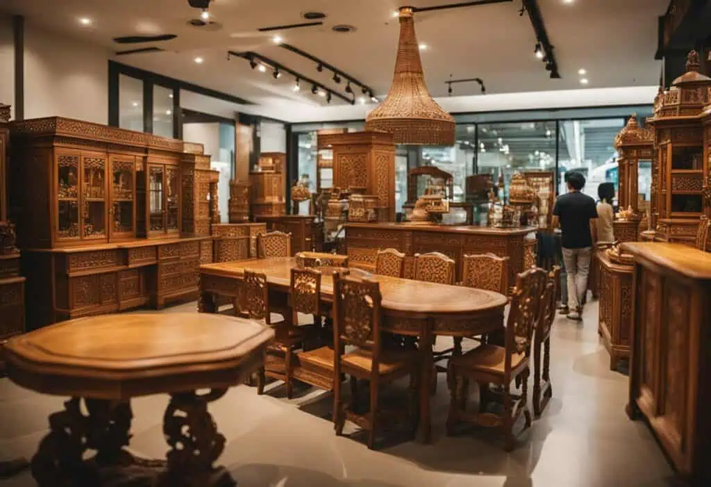 Beautiful wooden furniture pieces showcased in a Singapore shop emphasizing craftsmanship and style.