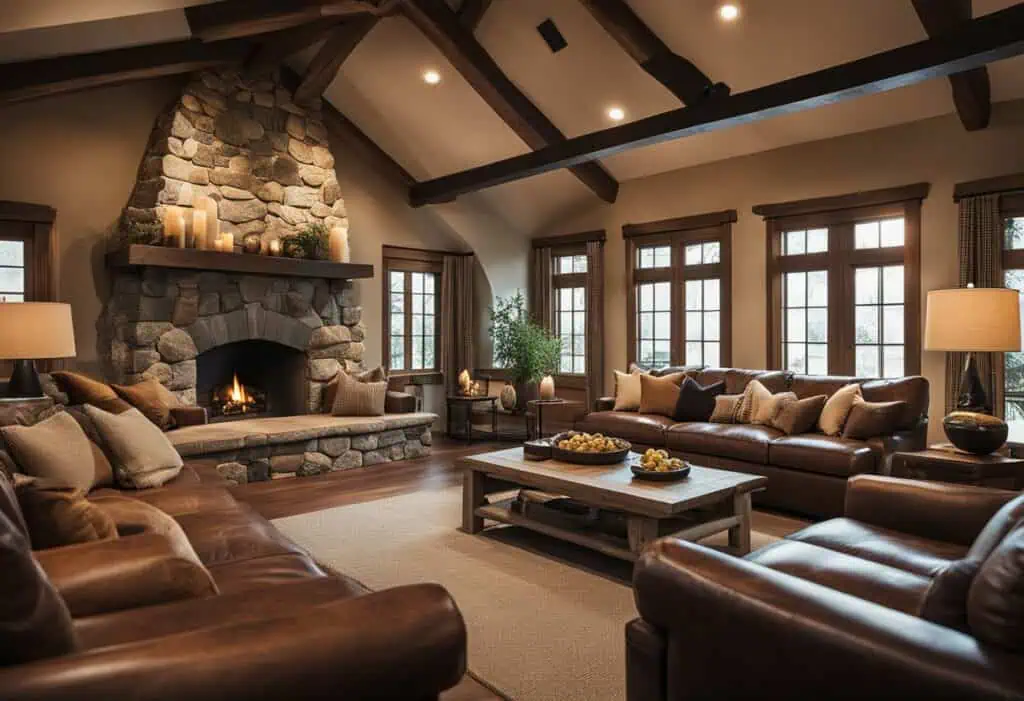 Wooden interior design living room with warm tones and a stone fireplace, creating an inviting and c.