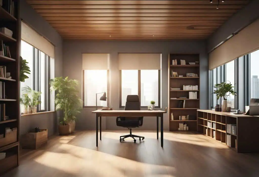 Modern wooden office cabin with large windows and natural light.