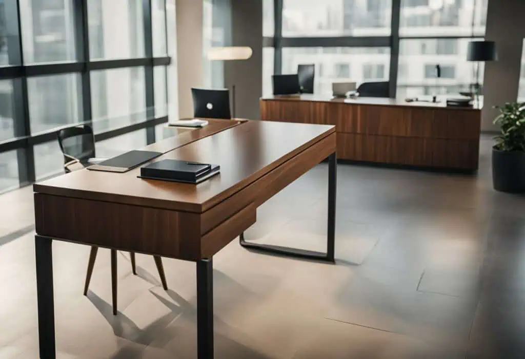 Elegant wooden office table with sleek design, perfect for contemporary work environments.