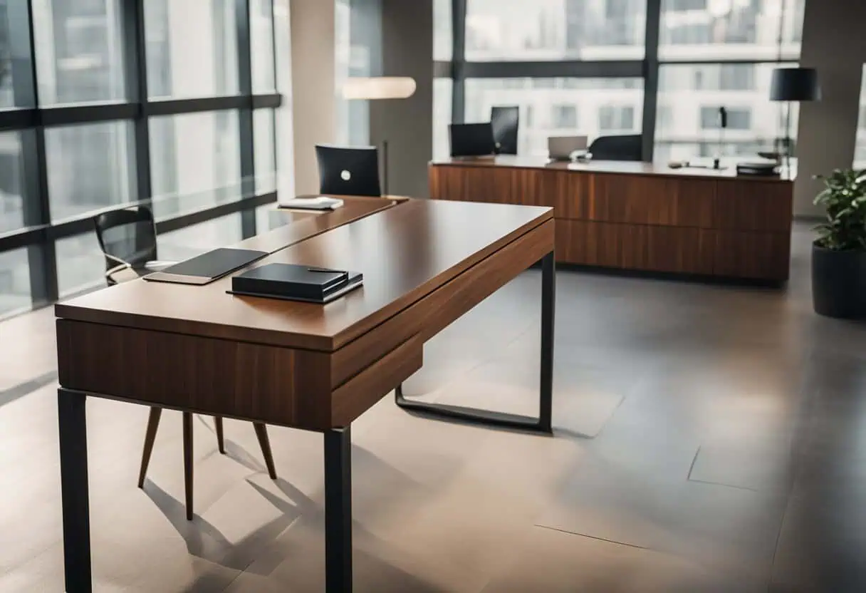 Elegant wooden office table with sleek design, perfect for contemporary work environments.