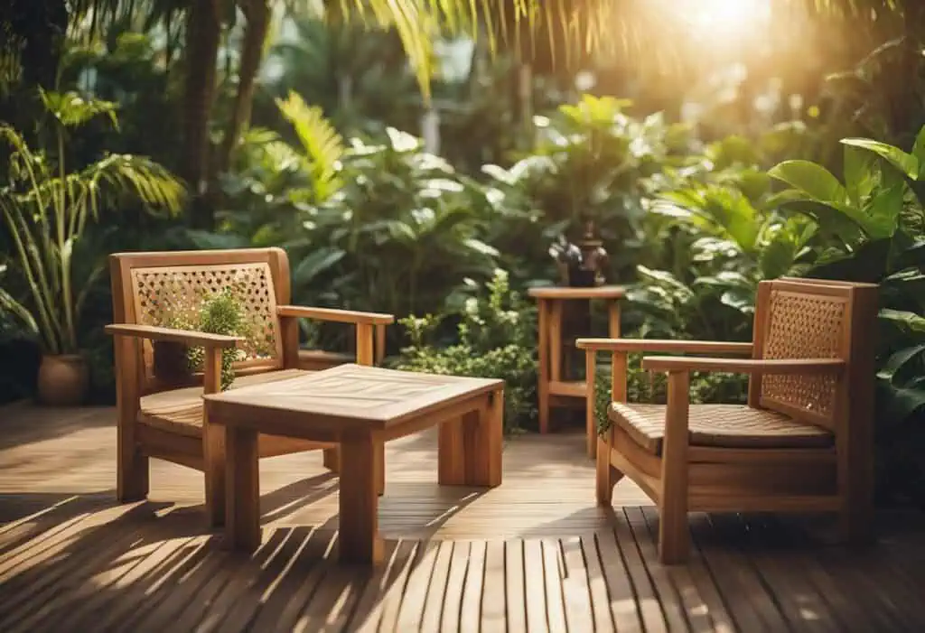 Elegant wooden outdoor furniture set for garden relaxation and outdoor gatherings.