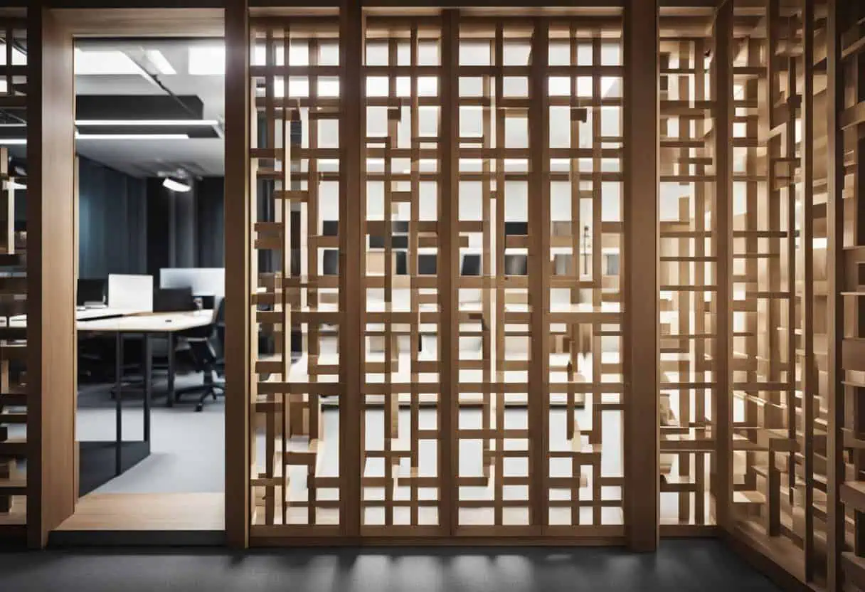 Wooden office partition with geometric design for maximizing space and enhancing office aesthetics.