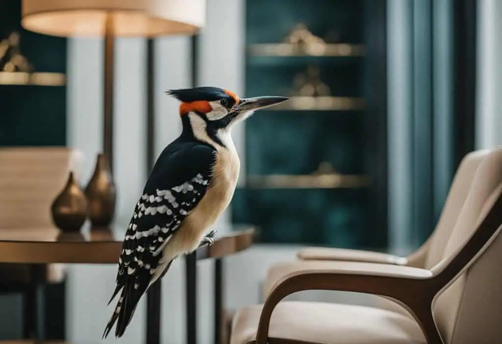 An image of a woodpecker perched on a stylish table in a contemporary home setting.