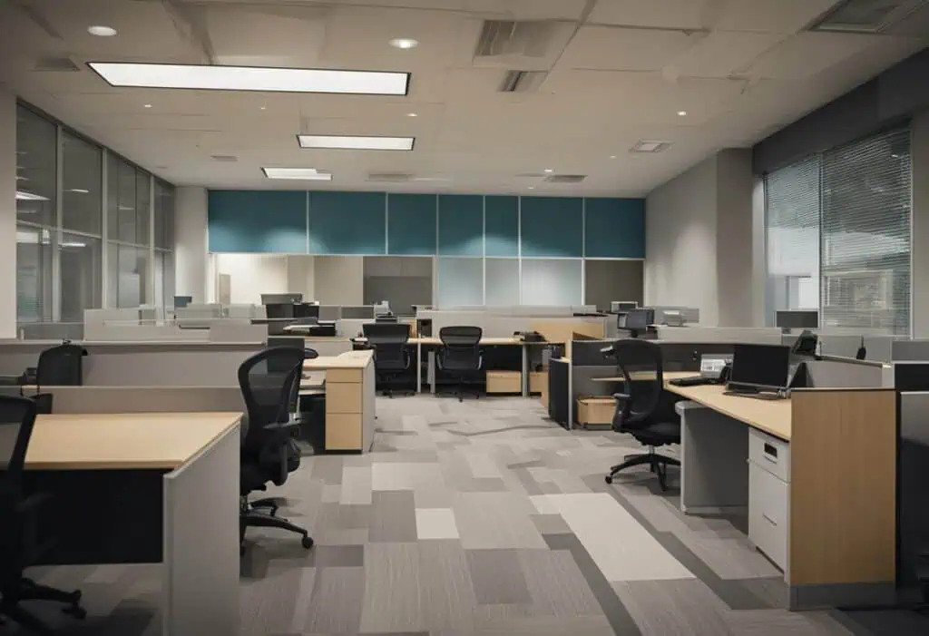 Spacious office with ergonomic desks and chairs, ideal for a productive work environment.