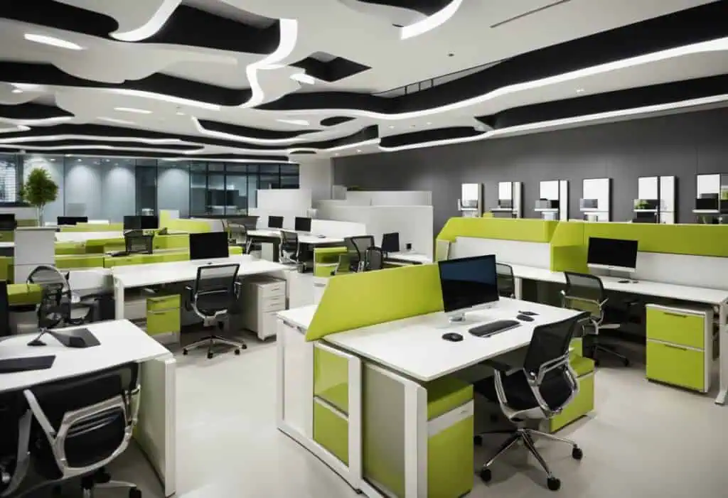 Contemporary office furniture with green accents for a stylish workspace environment.