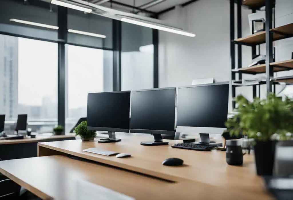 Office workstation furniture with multiple monitors in a sleek, modern workspace.