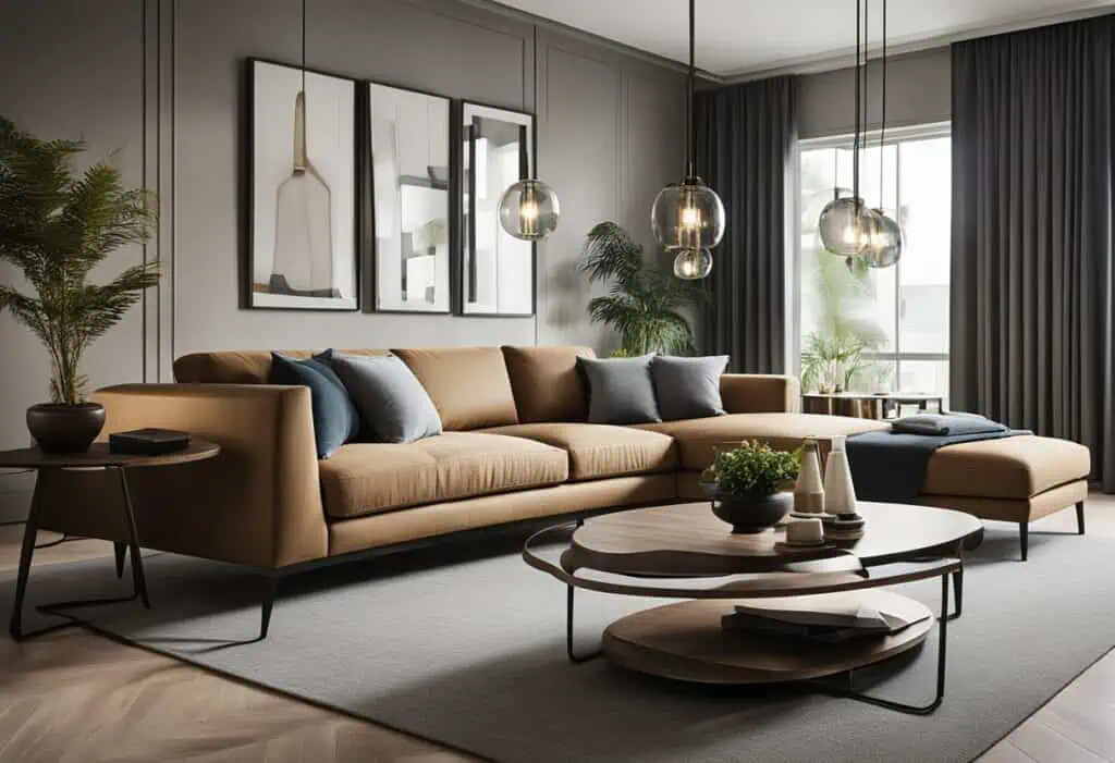 Elegant beige sofa with cushions in a contemporary living room setting.