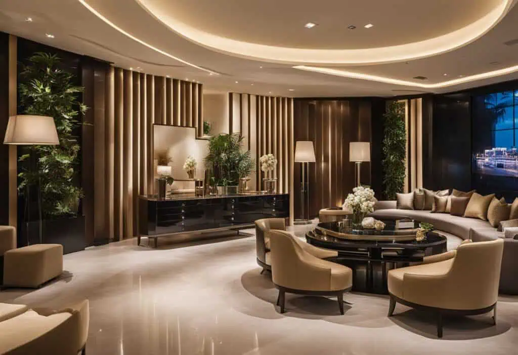 Stylish modern living room with elegant furniture, ambient lighting, and lush greenery for sophistic.