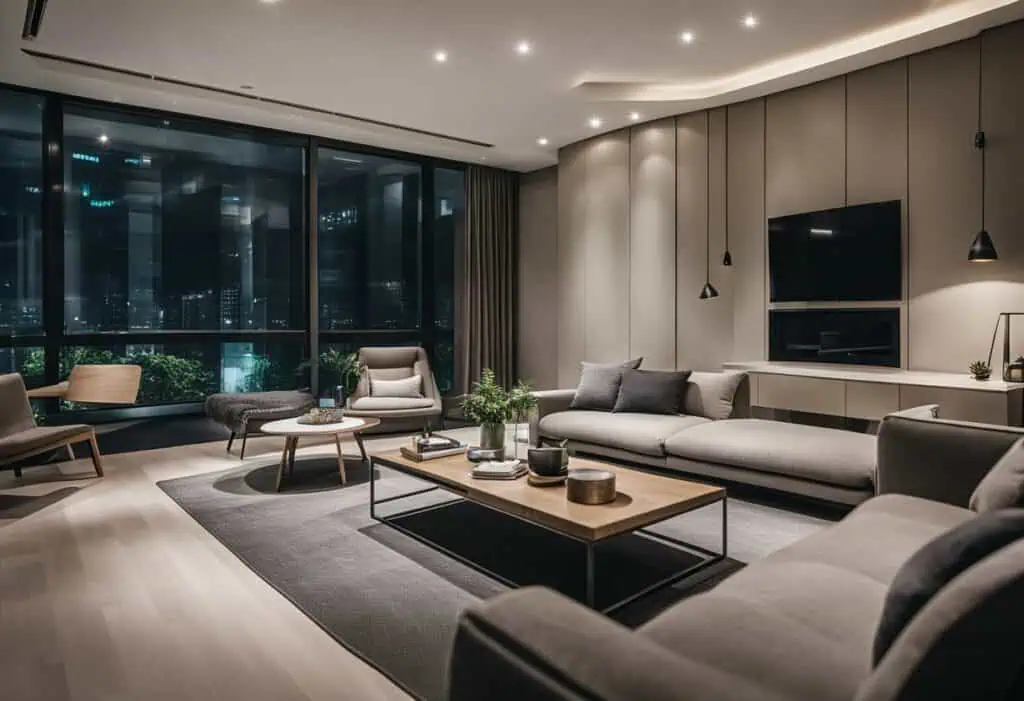 Elegant contemporary living room with stylish furniture and city views at night.