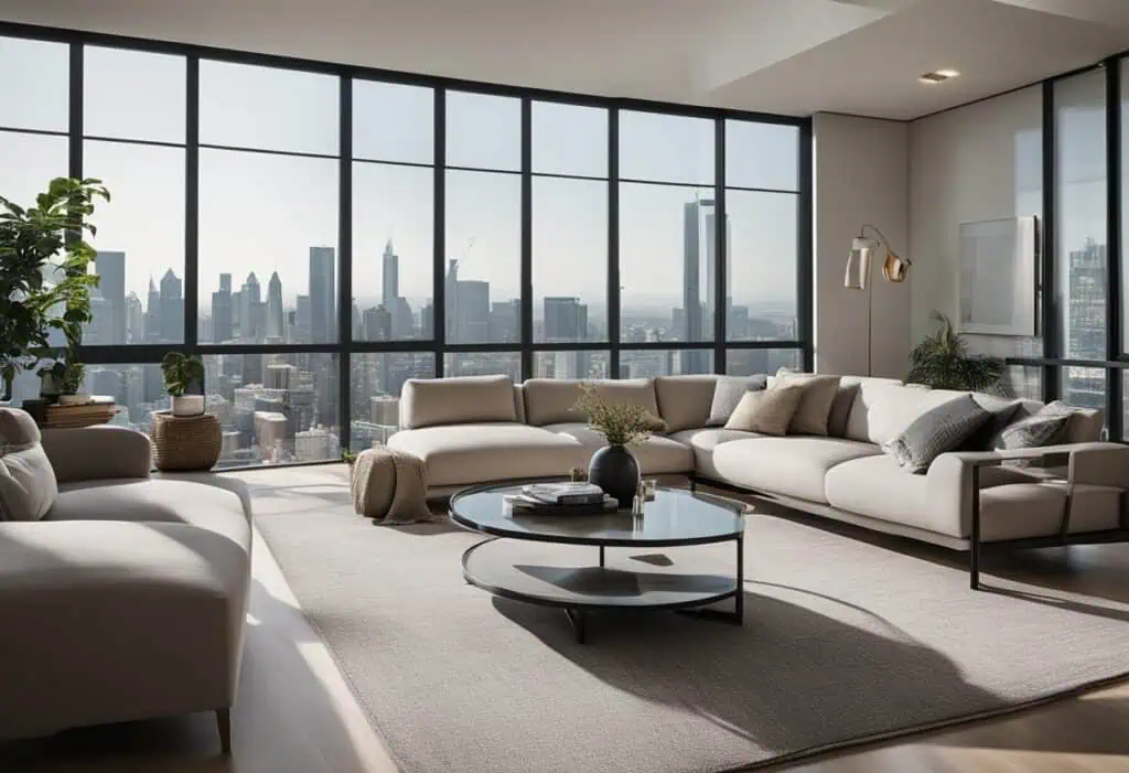 Stylish and comfortable living room featuring contemporary furniture and panoramic city skyline view.