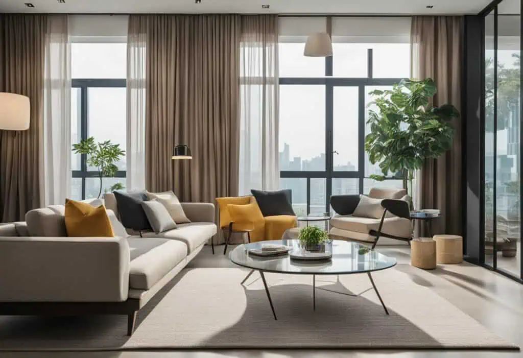 Elegant living room featuring stylish sofas, armchairs, and a glass coffee table with city views.