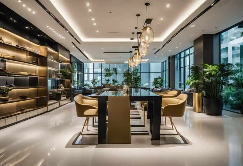 Stylish modern office lounge with high-quality furniture and large windows.