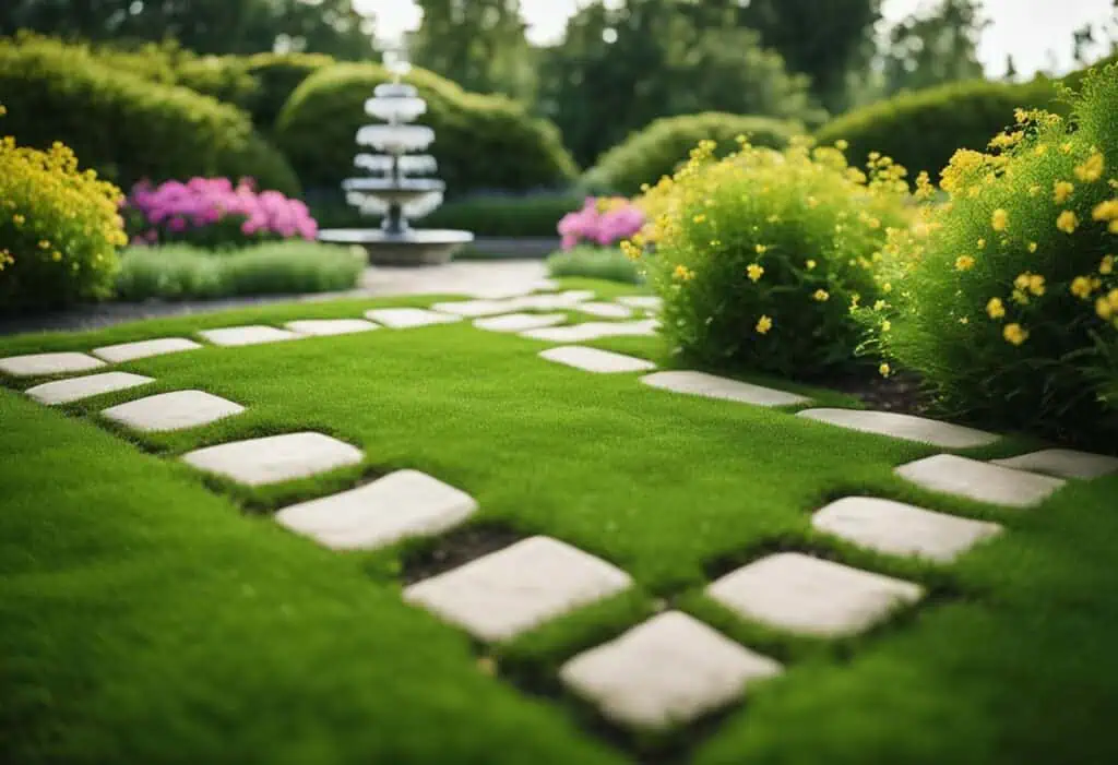 Beautiful backyard with stone pathway, lush greenery, and colorful flowers for outdoor oasis.