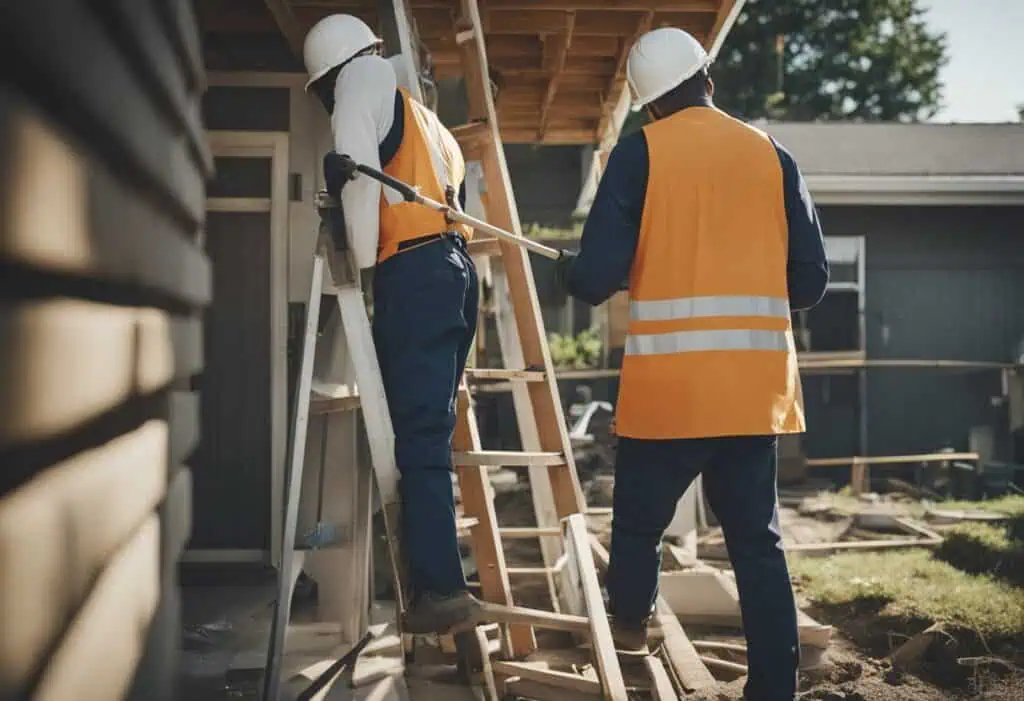 Construction workers renovating a house with safety gear and ladders.