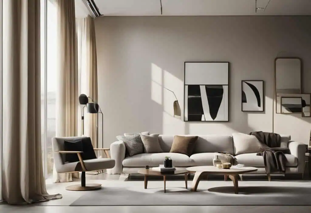 Elegant living space featuring contemporary furniture and abstract wall art.