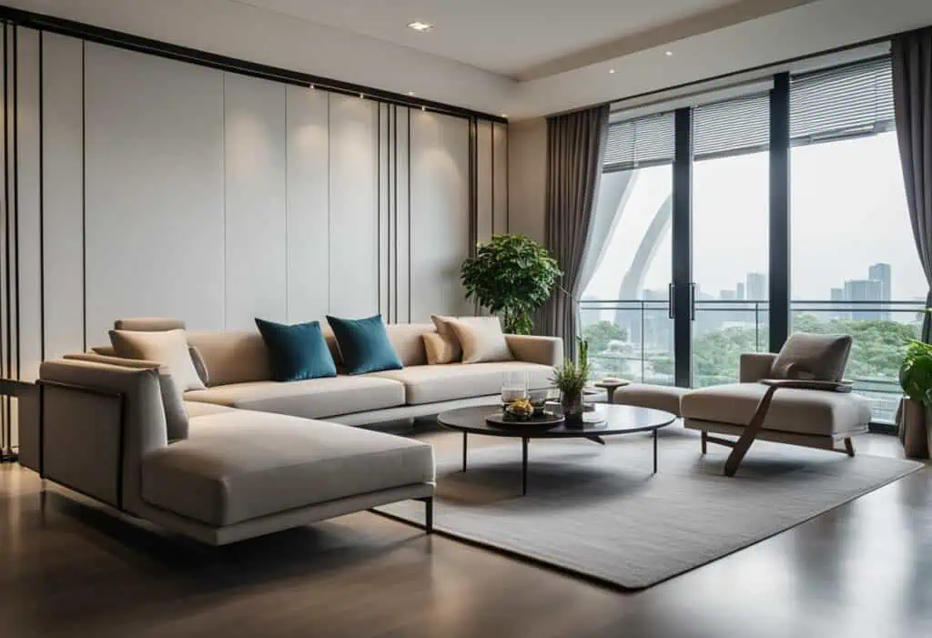 Stylish living room featuring contemporary furniture and expansive city views in Singapore.