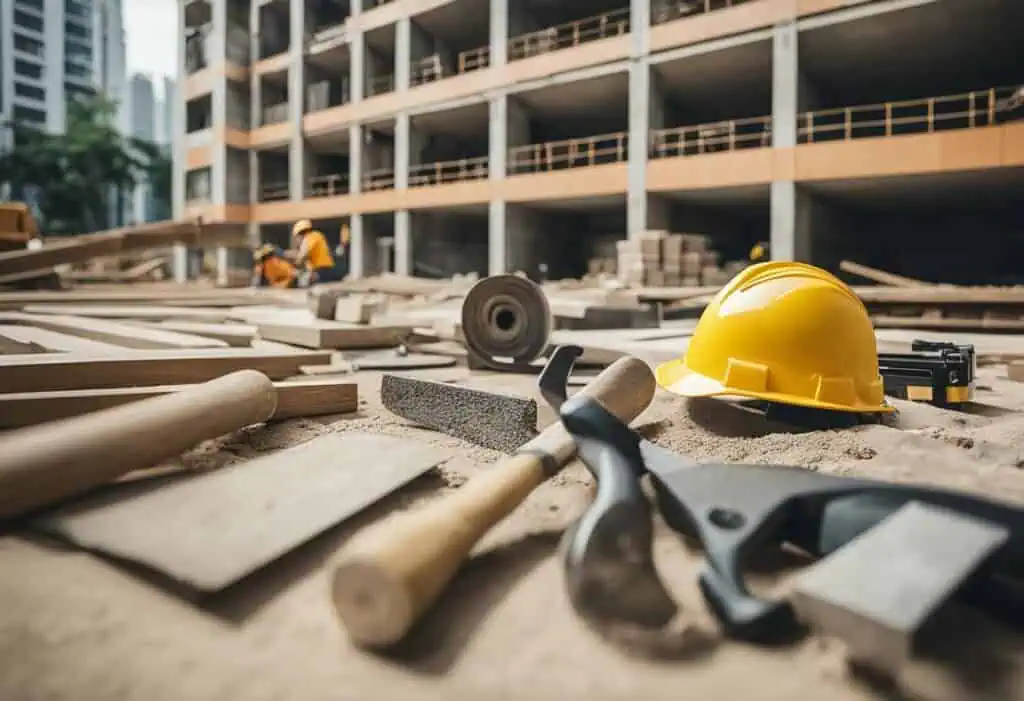 Construction tools and safety helmet at a building site for renovation projects.